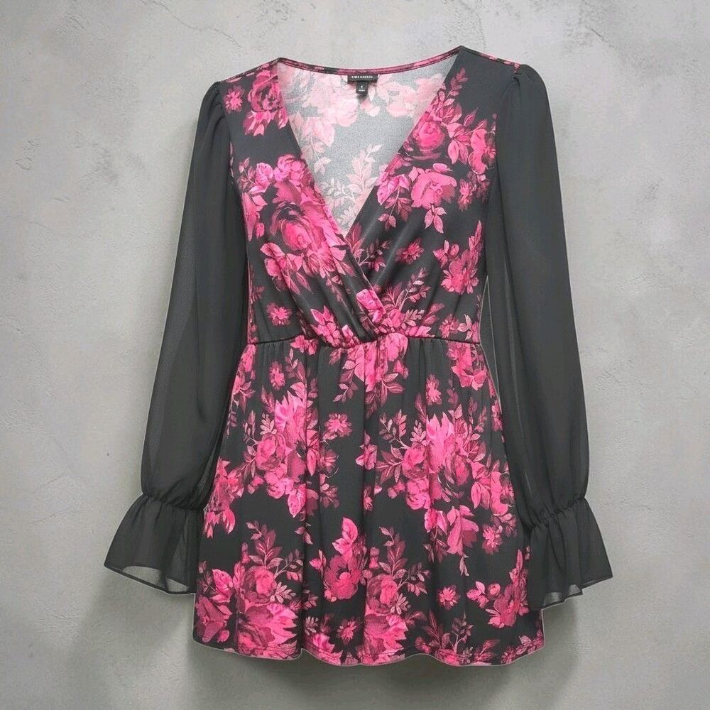 Torrid Babydoll Surplice Top Womens 2X Black Pink Floral V-Neck Sheer Sleeves